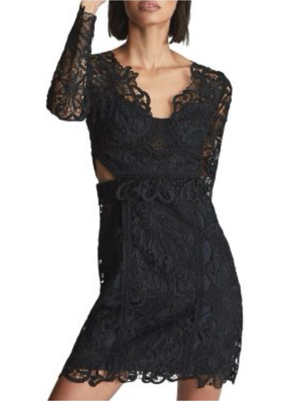 Reiss Black Lace Long-Sleeve Cutout Dress